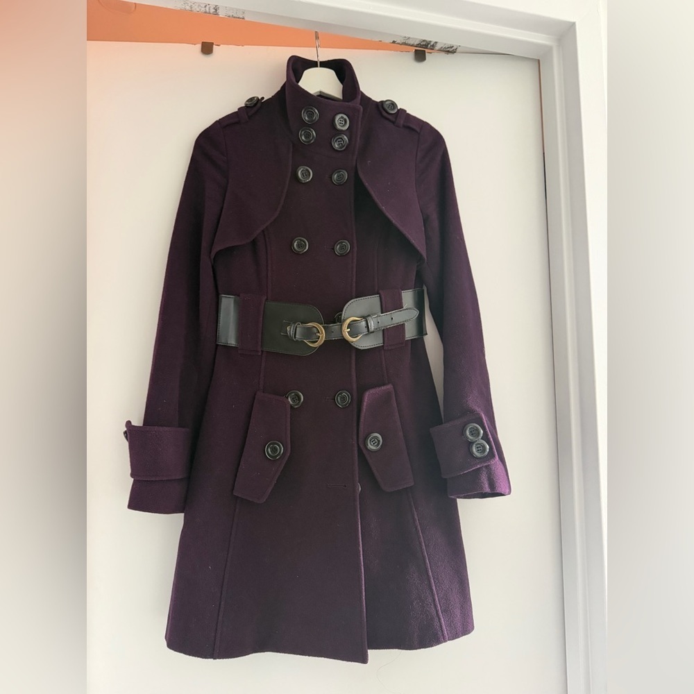 Vintage Stylish Purple Double-Breasted wool cashmere Coat adjustable Belt XS